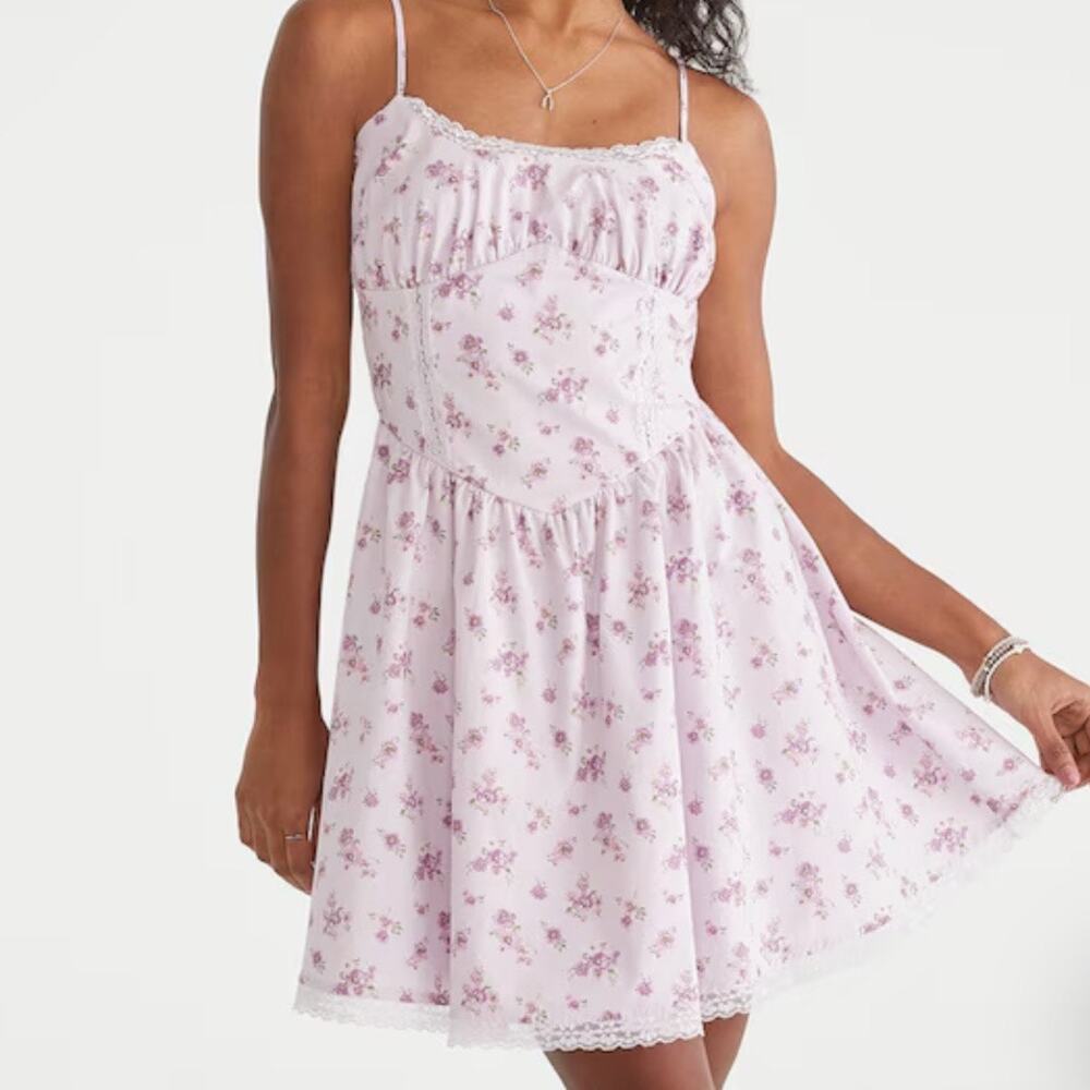 Aeropostale Dress Purple Floral Milkmaid Coquette Cottagecore Prairie Lace Large